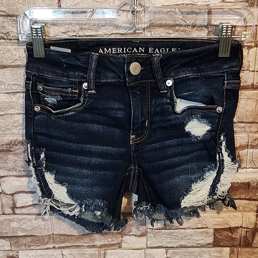 American Eagle Outfitters  Distressed Denim Shorts -  Dark Blue Midi